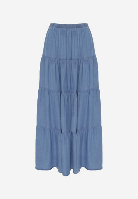 Niebieska Spódnica Rozkloszowana z Lyocellu High Waist Ozdobiona Falbanami Ravienne 6