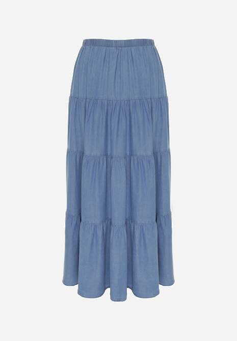 Niebieska Spódnica Rozkloszowana z Lyocellu High Waist Ozdobiona Falbanami Ravienne 7