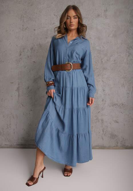 Niebieska Spódnica Rozkloszowana z Lyocellu High Waist Ozdobiona Falbanami Ravienne