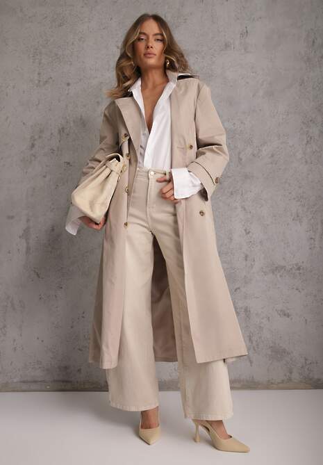 Beżowy Płaszcz Trencz z Bawełny i Wiskozy z Wiązanym Paskiem i Klapą Lissien 4