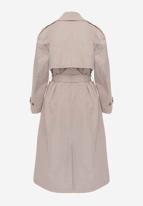Beżowy Płaszcz Trencz z Bawełny i Wiskozy z Wiązanym Paskiem i Klapą Lissien 7