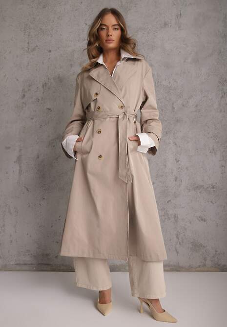 Beżowy Płaszcz Trencz z Bawełny i Wiskozy z Wiązanym Paskiem i Klapą Lissien