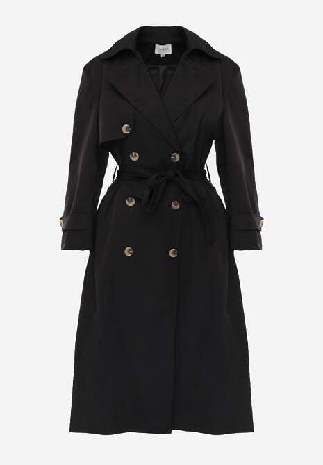 Czarny Płaszcz Trencz z Bawełny i Wiskozy z Wiązanym Paskiem i Klapą Lissien 6