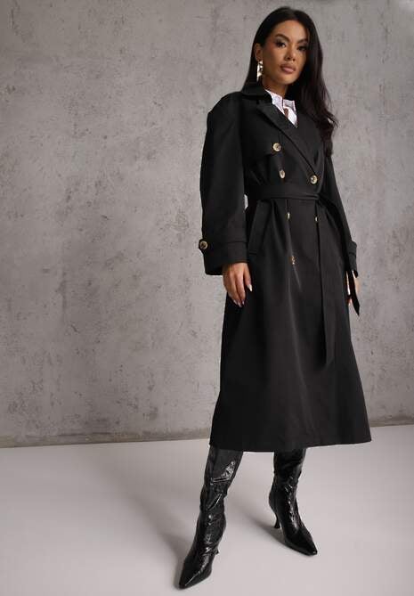 Czarny Płaszcz Trencz z Bawełny i Wiskozy z Wiązanym Paskiem i Klapą Lissien