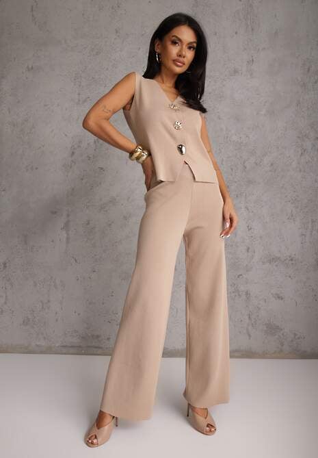 Jasnobrązowy Komplet z Wiskozą Szerokie Spodnie i Kamizelka z Aplikacjami 3D Hirimi 5