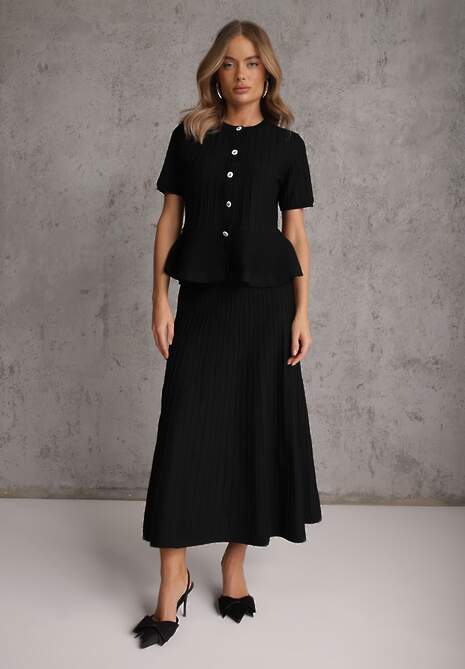 Czarny Komplet z Wiskozą Bluzka z Guzikami i Baskinką i Spódnica Narinna 5