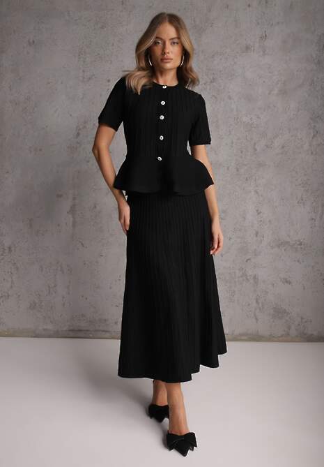 Czarny Komplet z Wiskozą Bluzka z Guzikami i Baskinką i Spódnica Narinna