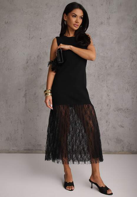 Czarna Sukienka Koktajlowa Bodycon z Wiskozą i Koronką na Dole Nedira 4