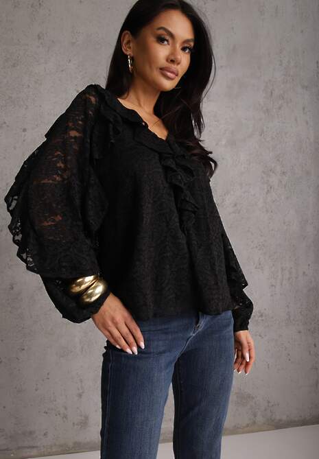 Czarna Koronkowa Bluzka z Falbankami Sewrana 4