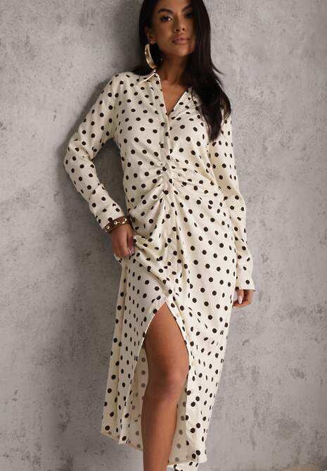 Beżowy Koszulowa Sukienka z Wiskozy z Dodatkiem Lnu z Drapowaną Talią Edrilith