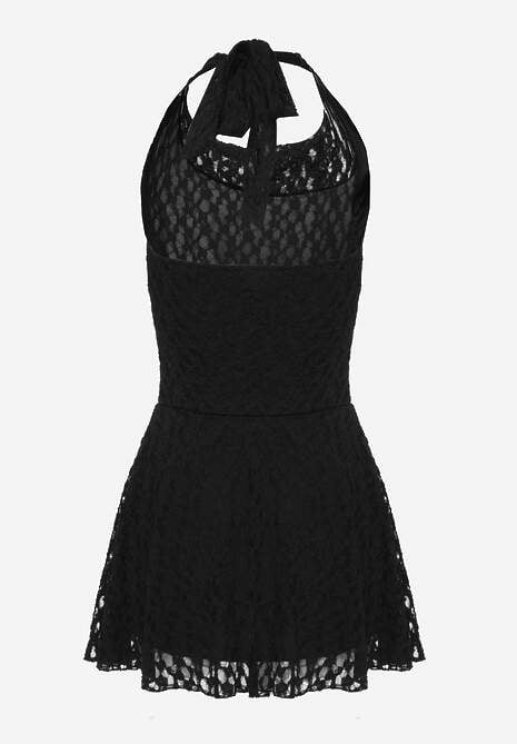 Czarna Koronkowa Sukienka o Rozkloszowanym Kroju z Wiązanym Dekoltem Halter Bervine 7