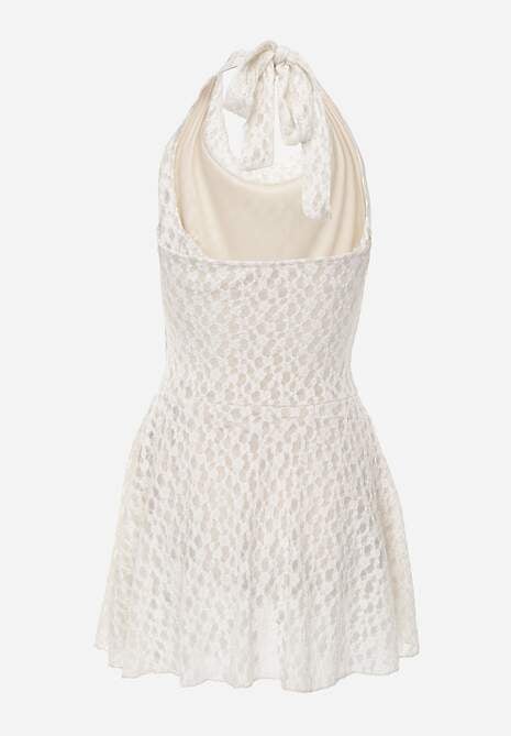Biała Koronkowa Sukienka o Rozkloszowanym Kroju z Wiązanym Dekoltem Halter Bervine 7