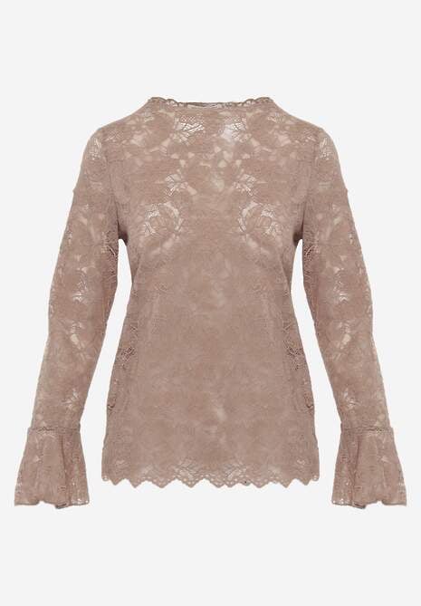 Brązowa Bluzka z Koronki Ozdobiona Rozkloszowanymi Rękawami i Falbanką na Dole Sanovia 6