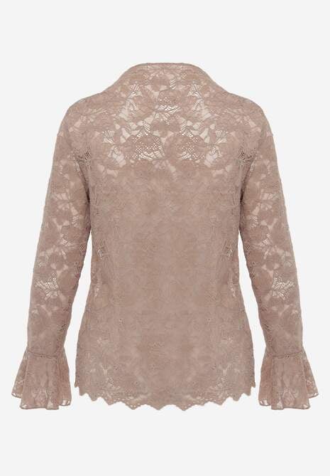 Brązowa Bluzka z Koronki Ozdobiona Rozkloszowanymi Rękawami i Falbanką na Dole Sanovia 7