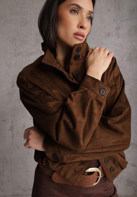 Brązowa Kurtka Bomber Jacket Ozdobiona Guzikami Quilimi 4