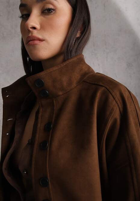 Brązowa Kurtka Bomber Jacket Ozdobiona Guzikami Quilimi 5