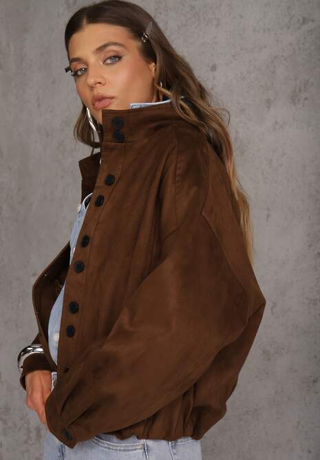 Brązowa Kurtka Bomber Jacket Ozdobiona Guzikami Quilimi