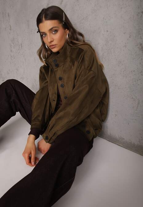 Ciemnobeżowa Kurtka Bomber Jacket Ozdobiona Guzikami Quilimi