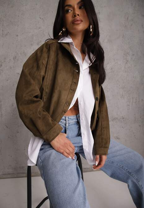 Ciemnobeżowa Kurtka Bomber Jacket Ozdobiona Guzikami Quilimi