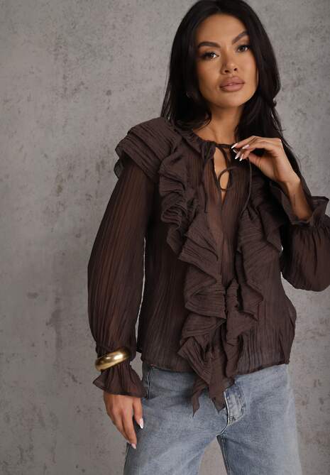 Brązowa Bluzka z Lyocellem w Stylu Boho z Wiązaniem pod Szyją i Falbanami Tasimi 4