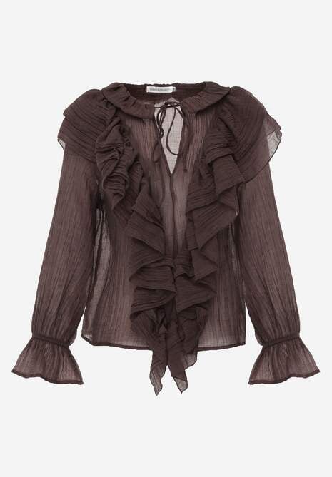 Brązowa Bluzka z Lyocellem w Stylu Boho z Wiązaniem pod Szyją i Falbanami Tasimi 6
