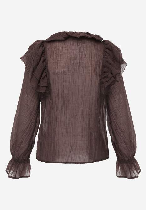 Brązowa Bluzka z Lyocellem w Stylu Boho z Wiązaniem pod Szyją i Falbanami Tasimi 7
