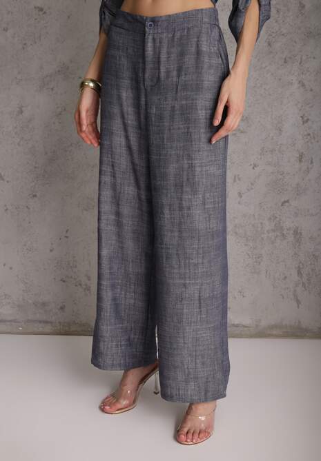 Niebieski Komplet z Wiskozą Bawełną i Lnem Wiązana Koszula i Szerokie Spodnie Ravisela 4