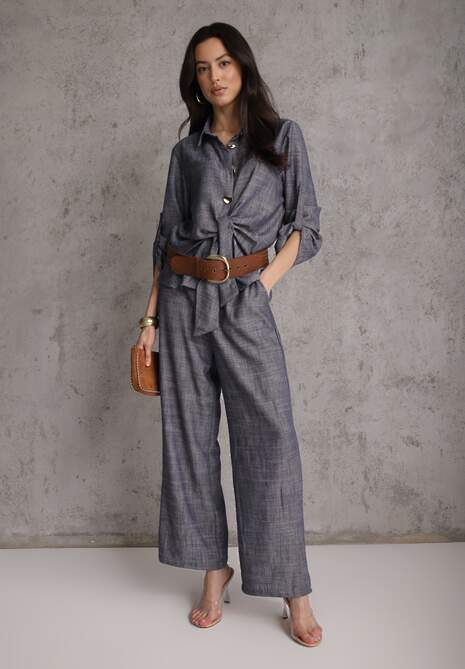 Niebieski Komplet z Wiskozą Bawełną i Lnem Wiązana Koszula i Szerokie Spodnie Ravisela 5