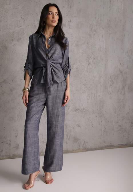 Niebieski Komplet z Wiskozą Bawełną i Lnem Wiązana Koszula i Szerokie Spodnie Ravisela