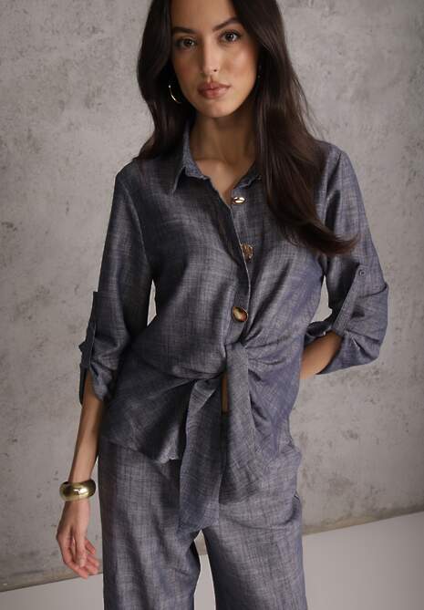 Niebieski Komplet z Wiskozą Bawełną i Lnem Wiązana Koszula i Szerokie Spodnie Ravisela