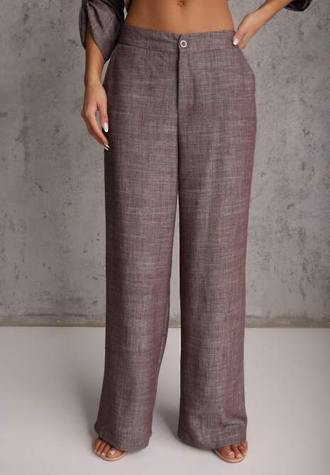 Brązowy Komplet z Wiskozą Bawełną i Lnem Wiązana Koszula i Szerokie Spodnie Ravisela 4