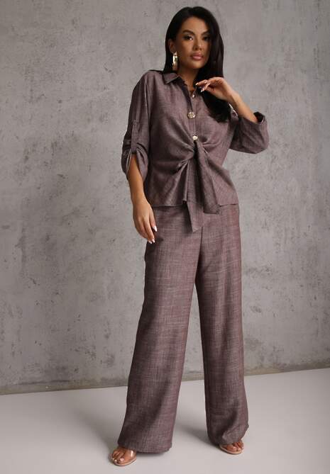Brązowy Komplet z Wiskozą Bawełną i Lnem Wiązana Koszula i Szerokie Spodnie Ravisela