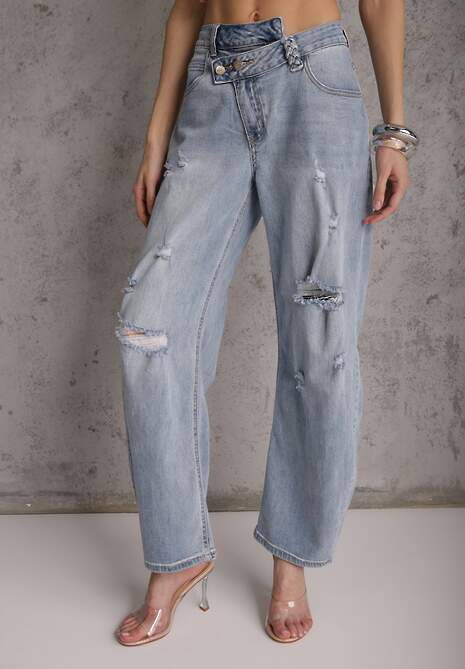 Niebieskie Asymetryczne Jeansy Balloon z Bawełny z Przetarciami i Dziurami Nedissa 4