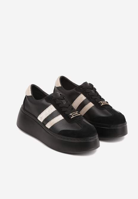 Czarno-Beżowe Sneakersy na Platformie ze Skóry Naturalnej Ozdobione Paskami Sovimi 5