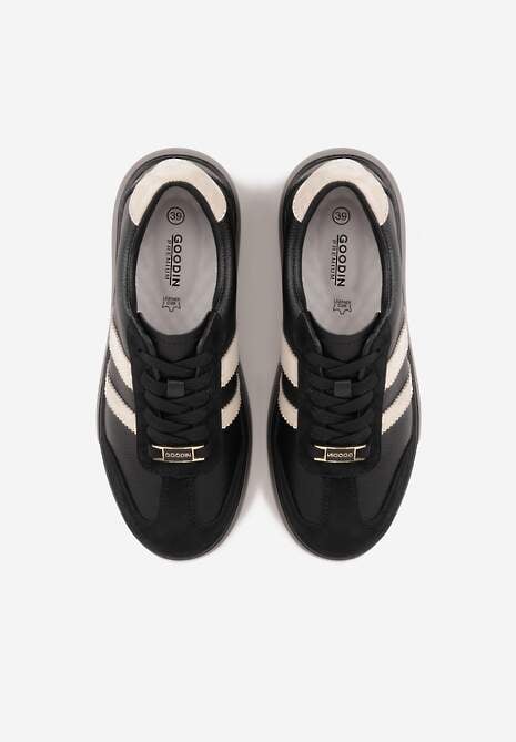 Czarno-Beżowe Sneakersy na Platformie ze Skóry Naturalnej Ozdobione Paskami Sovimi 6