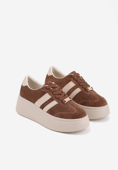 Brązowe Sneakersy na Platformie ze Skóry Naturalnej Ozdobione Paskami Sovimi 5