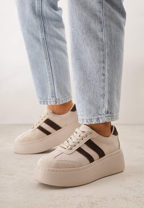 Beżowe Sneakersy na Platformie ze Skóry Naturalnej Ozdobione Paskami Sovimi