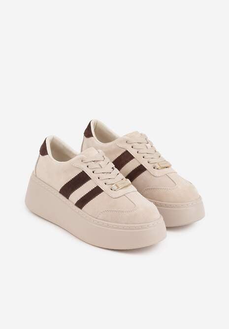 Beżowe Sneakersy na Platformie ze Skóry Naturalnej Ozdobione Paskami Sovimi 5