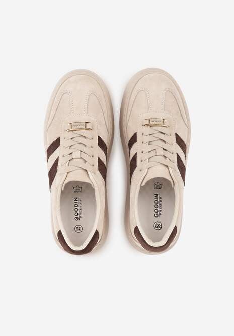 Beżowe Sneakersy na Platformie ze Skóry Naturalnej Ozdobione Paskami Sovimi 6