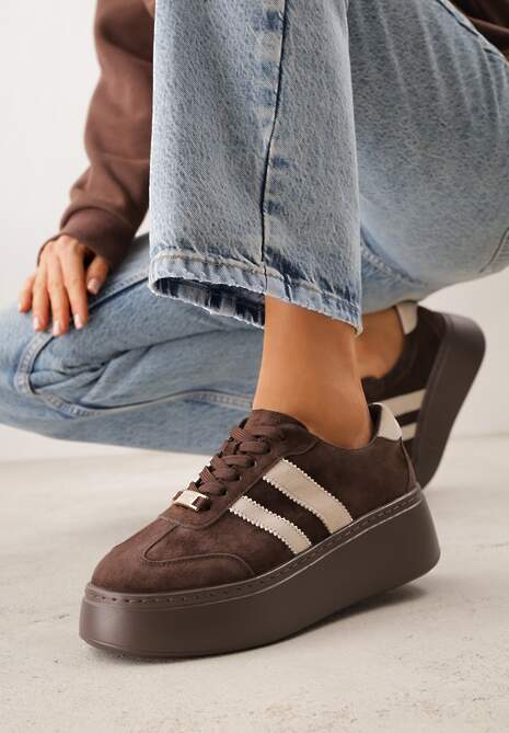 Ciemnobrązowe Sneakersy na Platformie ze Skóry Naturalnej Ozdobione Paskami Sovimi