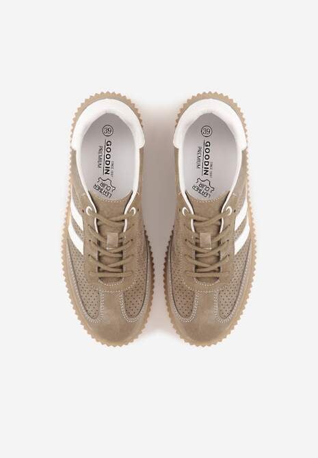 Ciemnobeżowe Sneakersy Typu Tenisówki z Zamszu Naturalnego Ozdobione Paskami Tarinella 6