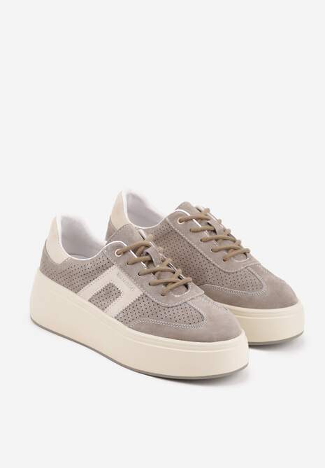 Ciemnobeżowe Sneakersy z Zamszu Naturalnego na Platfomie z Napisem i Perforacją Zitara 5