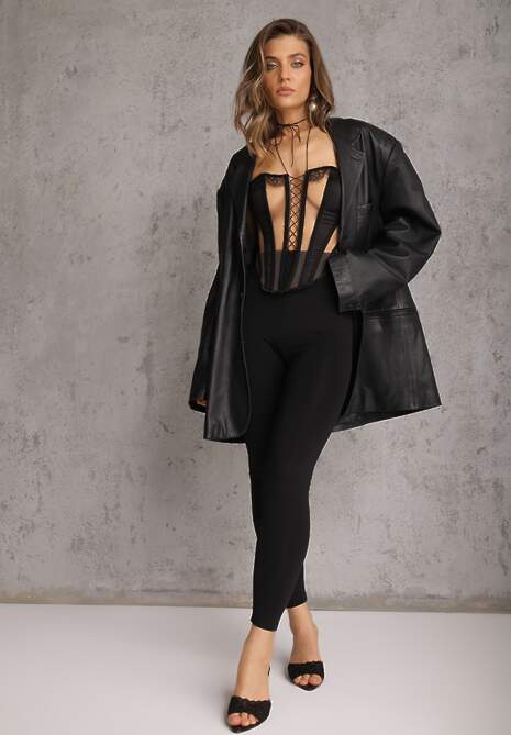 Czarne Casualowe Legginsy High Waist z Pasem Wspierającym Linię Talii Azivera