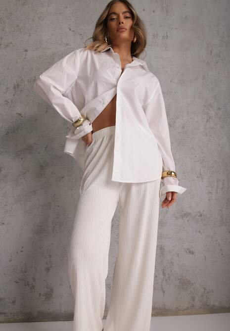 Białe Spodnie z Bawełną o Szerokim Kroju z Cyrkoniami Azirene 4