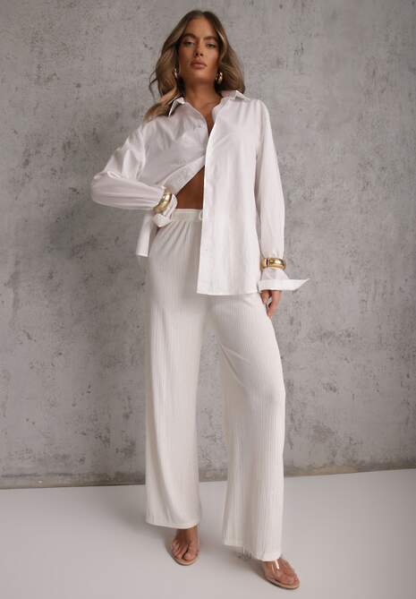 Białe Spodnie z Bawełną o Szerokim Kroju z Cyrkoniami Azirene