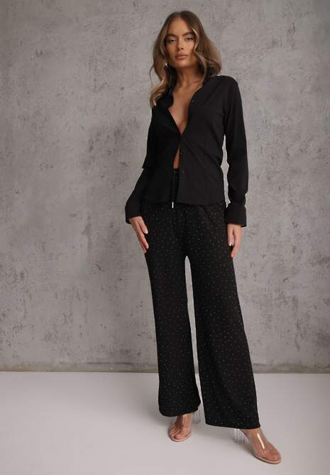 Czarne Spodnie z Bawełną o Szerokim Kroju z Cyrkoniami Azirene 4