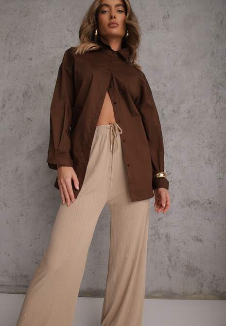 Beżowe Spodnie z Bawełną o Szerokim Kroju z Cyrkoniami Azirene 4