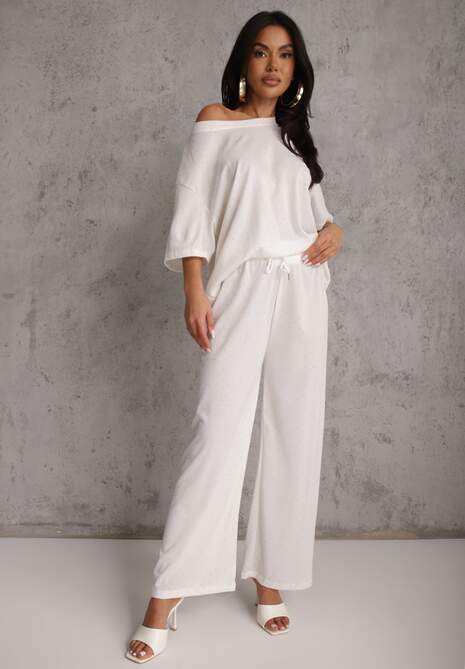 Biały Oversizowy Komplet Zdobiony Cyrkoniami T-shirt i Spodnie Arnateia 4