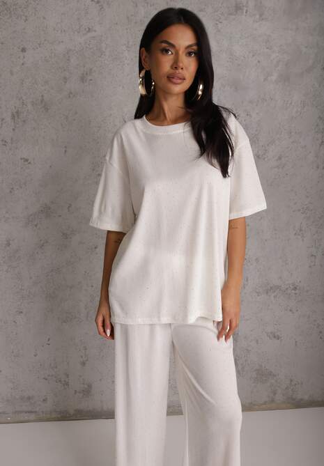 Biały Oversizowy Komplet Zdobiony Cyrkoniami T-shirt i Spodnie Arnateia 5