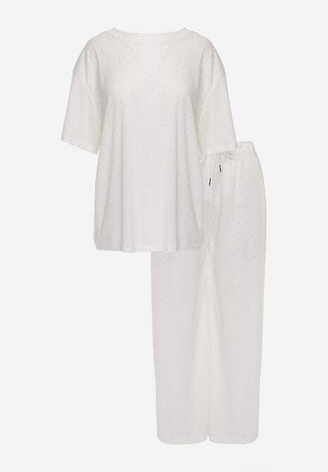 Biały Oversizowy Komplet Zdobiony Cyrkoniami T-shirt i Spodnie Arnateia 6